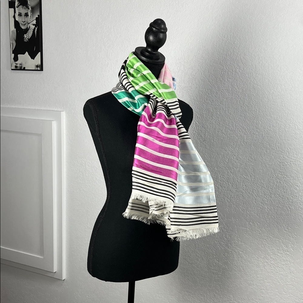 Talbots Women’s Multi Color Striped Scarf Silk Wool Blend Lightweight 72”x28”